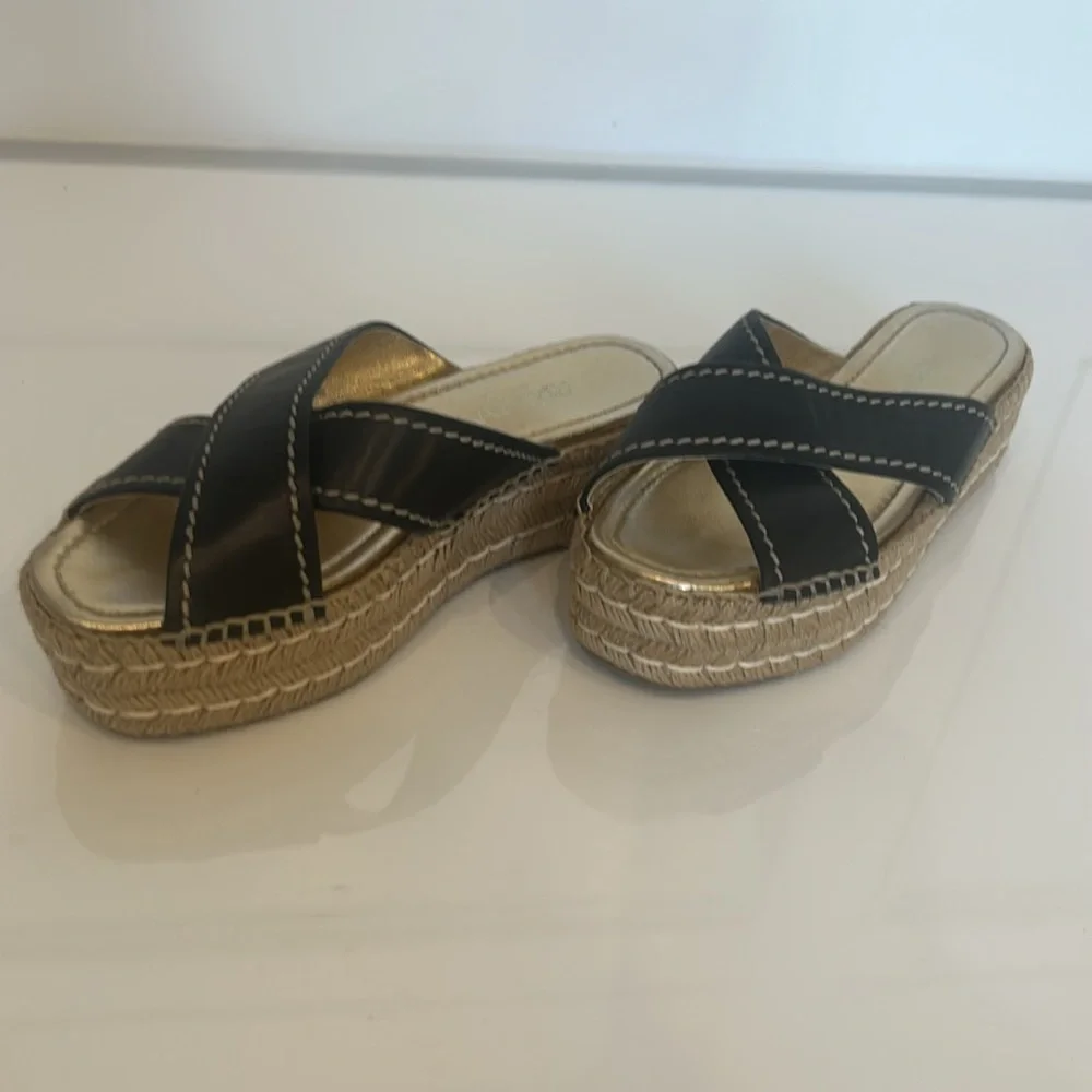 Prada Black Leather Espadrille Platform Sandals with Gold Footbed